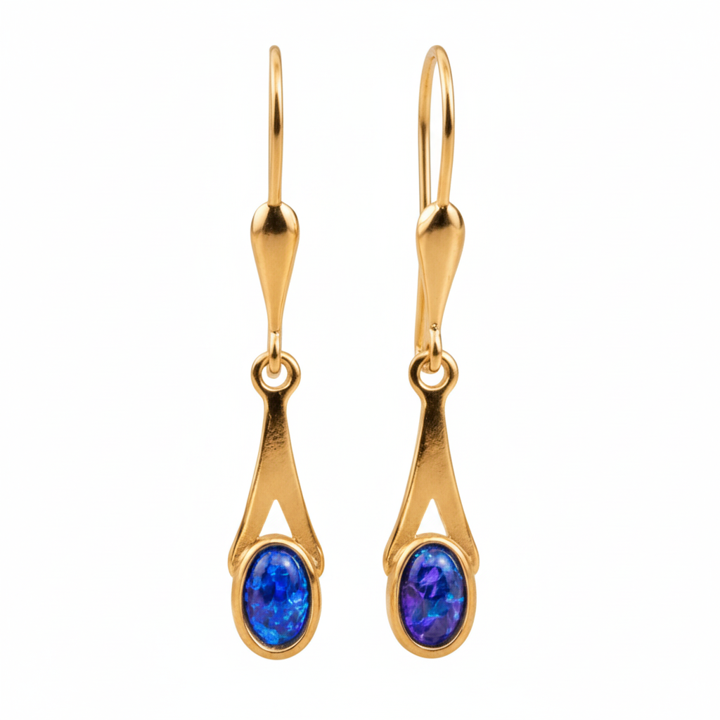 9ct gold tapered drop earrings with deep blue iridescent opal flakes – white background