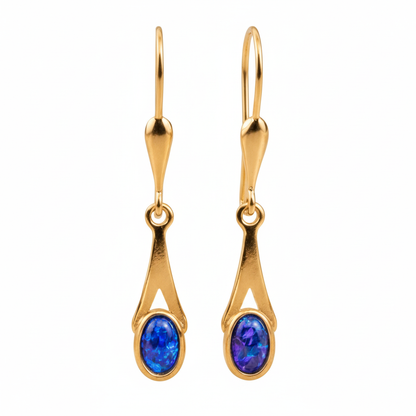 9ct gold tapered drop earrings with deep blue iridescent opal flakes – white background
