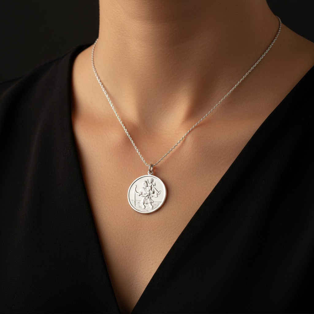 925 sterling silver St Christopher pendant worn on silver chain around neck — Lovely Oxford
