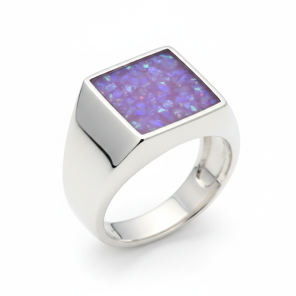 Silver 925 gents square signet memorial ring — lavender purple opal flakes resin in 10mm square setting, chunky wide tapered signet band