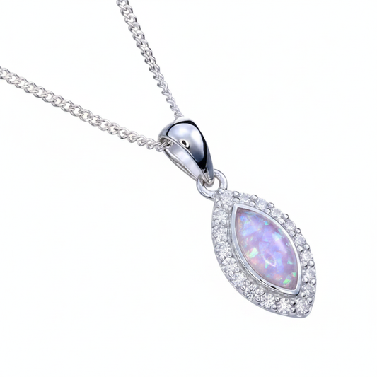 Marquise CZ Halo Pendant Necklace 925 Sterling Silver with lavender purple opal flake inclusion on silver chain