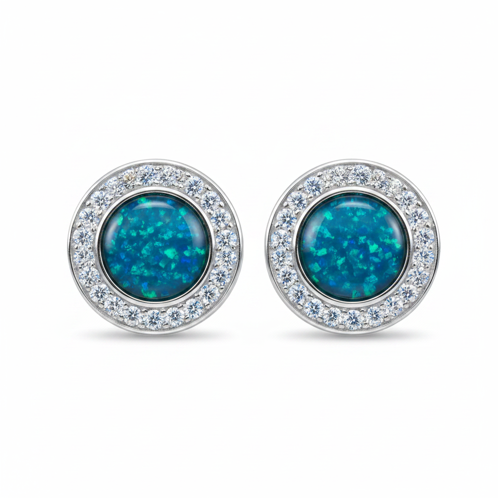 Silver 925 CZ halo memorial stud earrings — blue teal opal flakes resin in 6mm centre setting with sparkling CZ surround