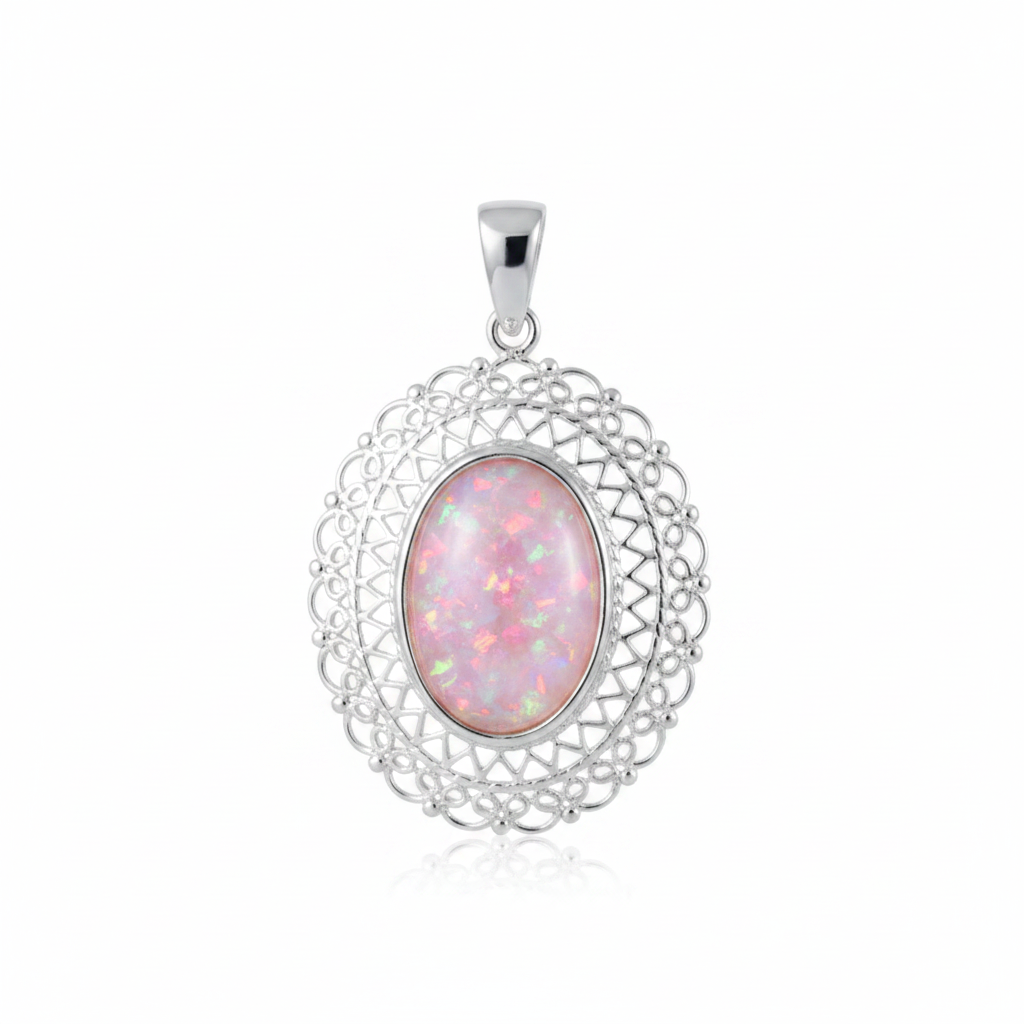 Silver 925 oval filigree memorial pendant with pink opal flakes, white background