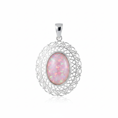 Silver 925 oval filigree memorial pendant with pink opal flakes, white background