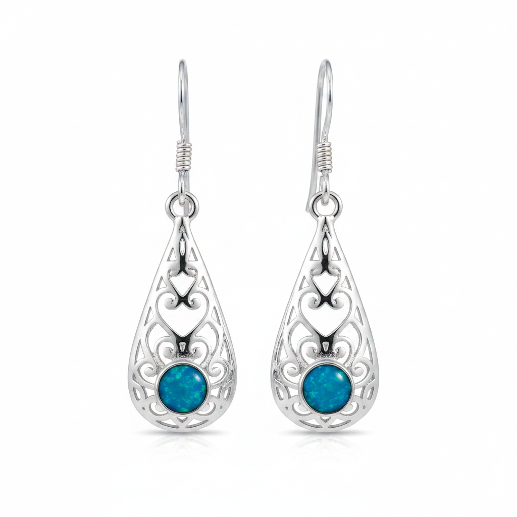 Silver 925 filigree teardrop drop earrings - blue teal opal resin filled