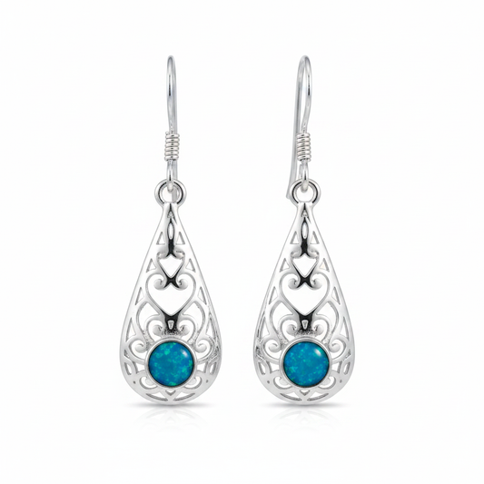 Silver 925 filigree teardrop drop earrings - blue teal opal resin filled
