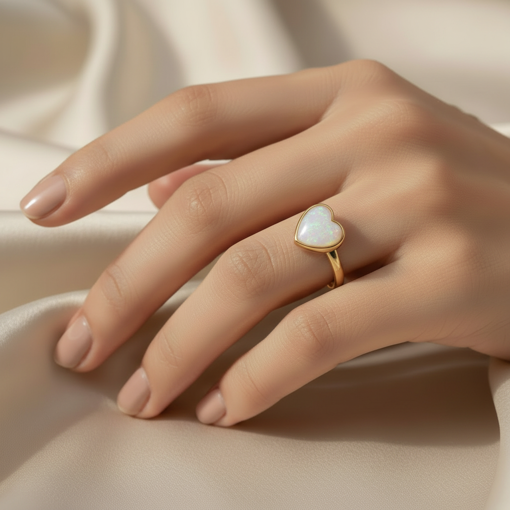 9ct gold heart memorial ring with natural breast milk pearl mica resin