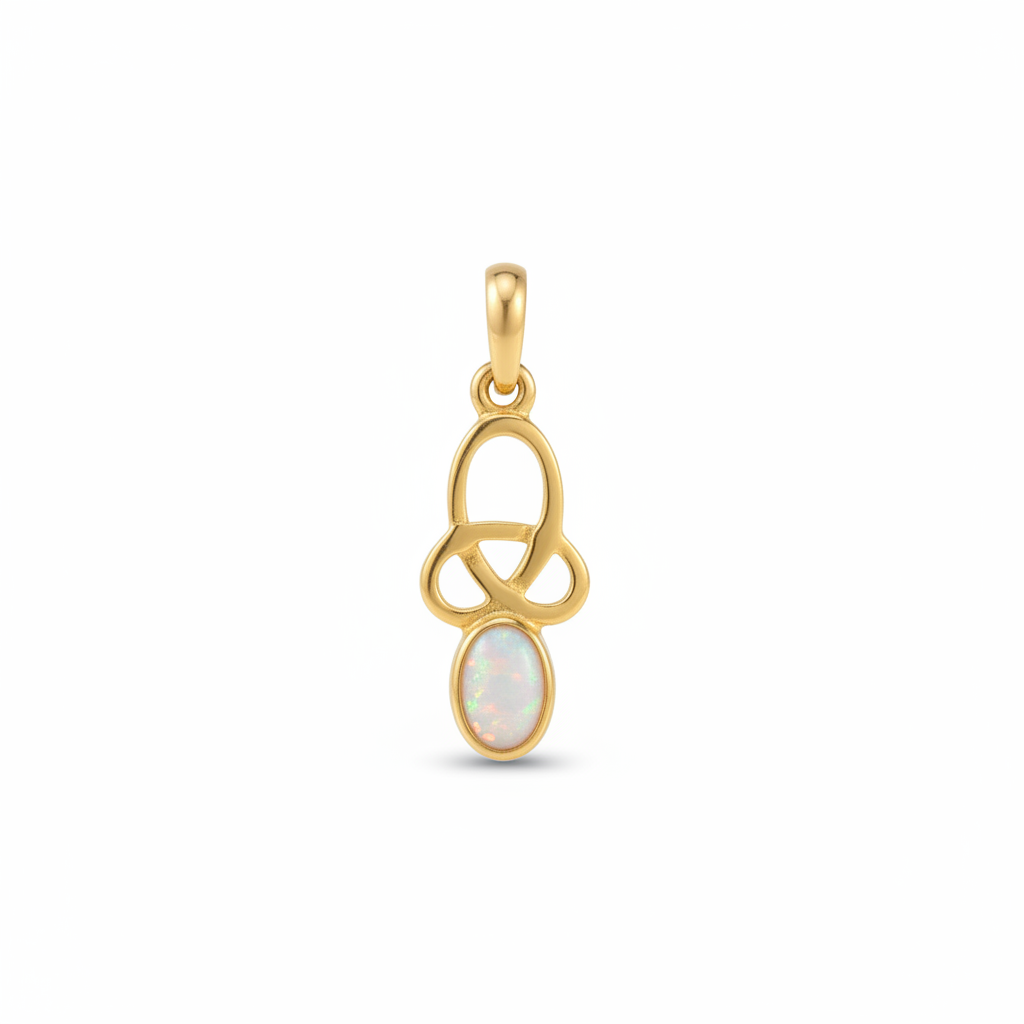 9ct gold dainty Celtic knot memorial pendant with white pearl iridescent opal flakes
