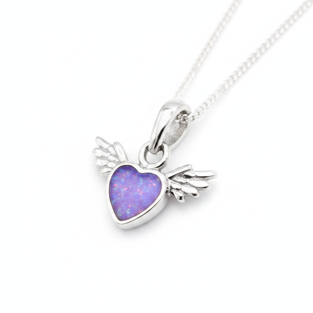 Mini cupid winged heart silver pendant with lavender purple opal resin in heart, white background