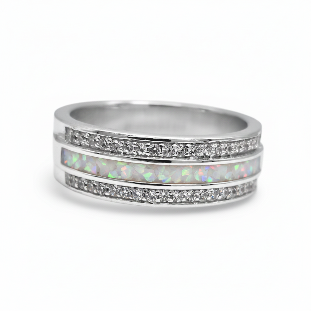 Silver 925 duo crystal ring band with white pearl opal resin in channel groove on white background