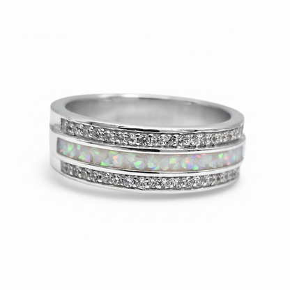Silver 925 duo crystal ring band with white pearl opal resin in channel groove on white background