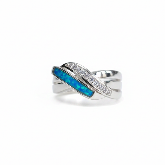 925 sterling silver double crossover band memorial ring with blue teal opal flakes resin on white background