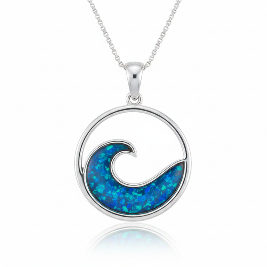 Silver 925 wave memorial pendant with blue opal resin on chain, white background