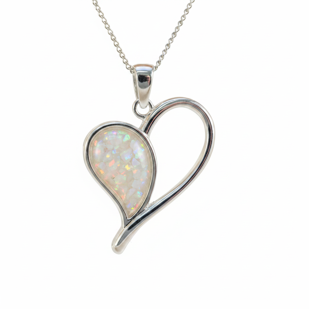 Silver 925 open heart memorial pendant — white pearl opal flakes resin inclusion