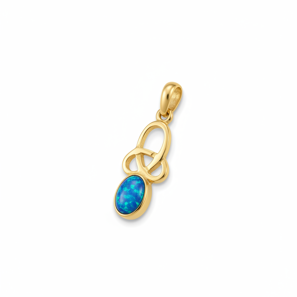9ct gold dainty Celtic knot memorial pendant with deep blue iridescent opal flakes