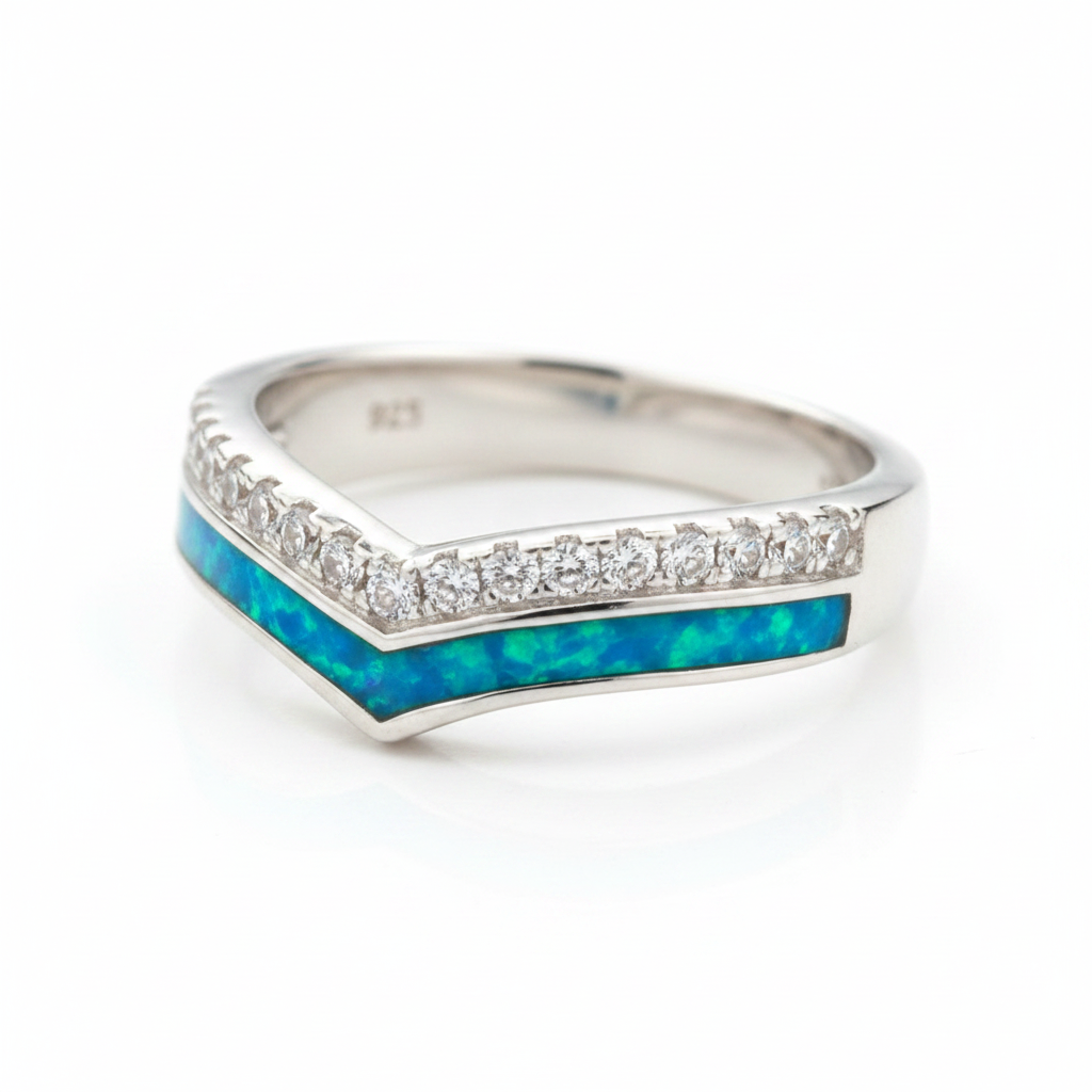 Silver 925 CZ wishbone stacker memorial ring — blue teal opal flakes resin in lower wishbone channel, upper CZ crystal row unchanged