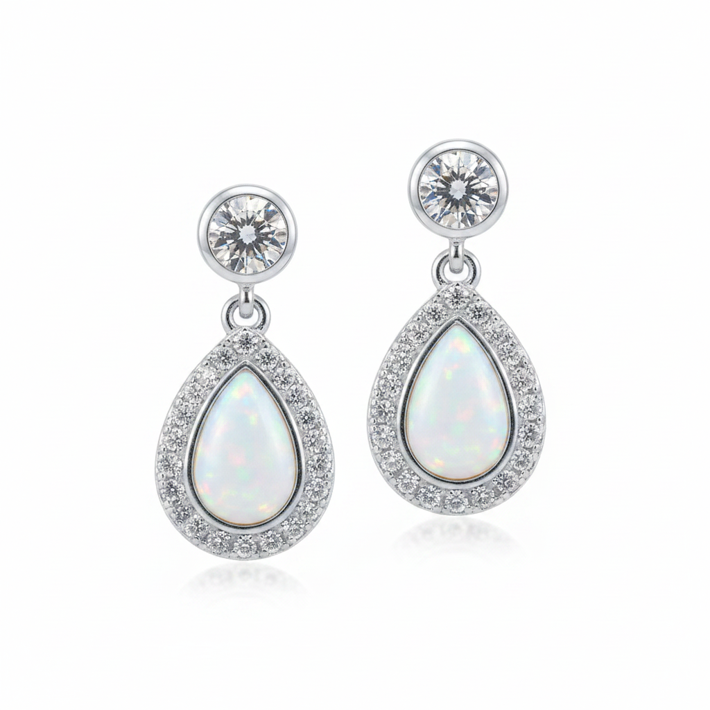 Silver 925 teardrop halo drop earrings - white pearl opal