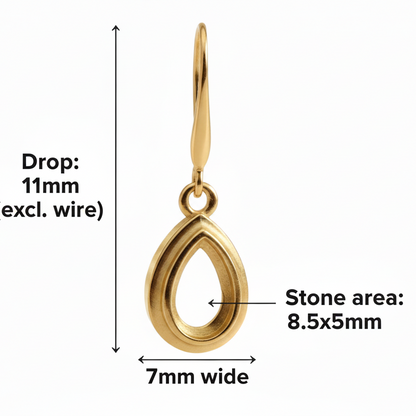 9ct gold pear drop earrings size guide – 11x7mm overall drop excl. wire, 8.5x5mm stone area