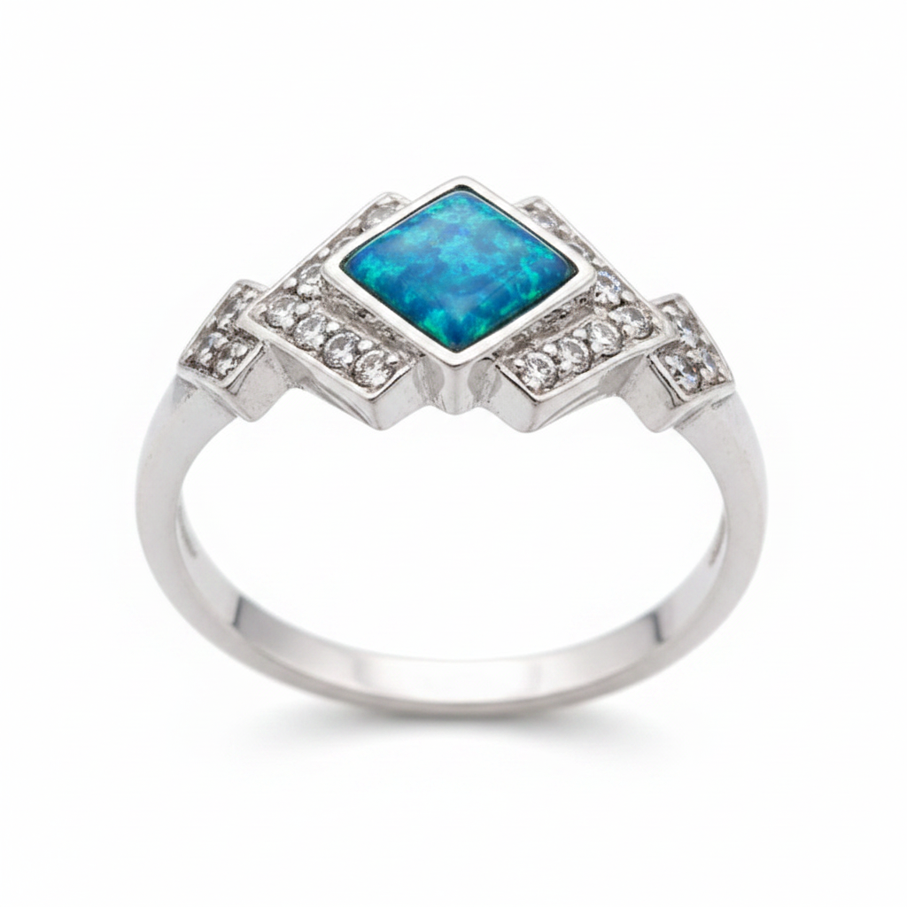 Art Deco CZ 925 silver ring with blue teal opal resin side profile view on white background
