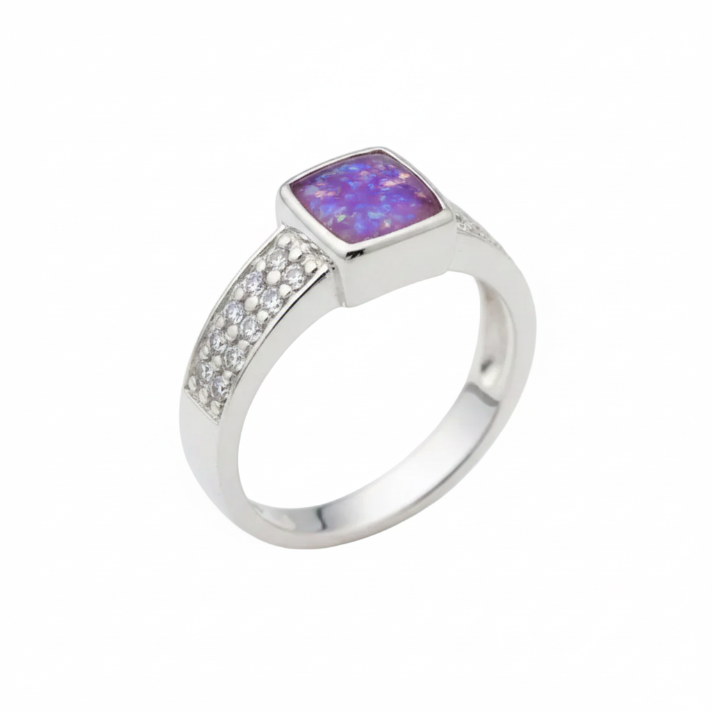 Silver 925 CZ shoulder memorial ring — lavender purple opal flakes resin in square centre setting