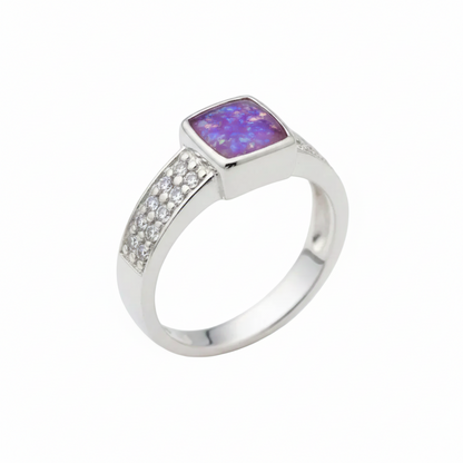 Silver 925 CZ shoulder memorial ring — lavender purple opal flakes resin in square centre setting