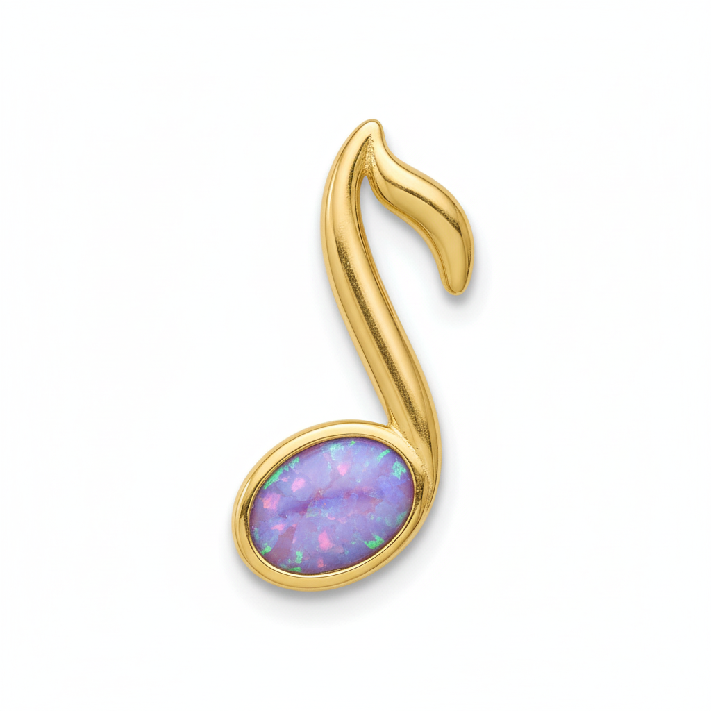 9ct gold music note memorial pendant with lavender iridescent opal flakes – white background