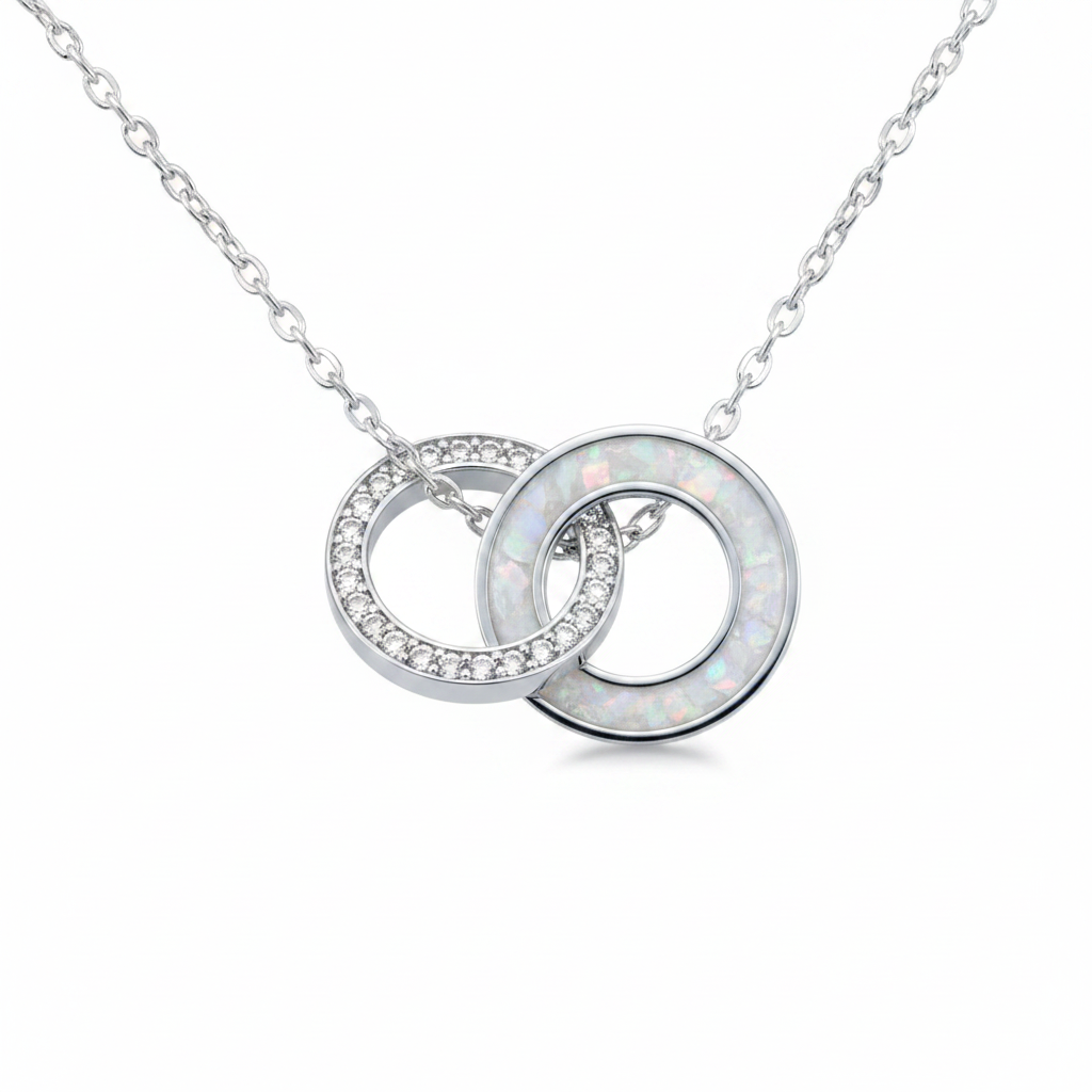 Silver 925 interlocking ring memorial pendant — white pearl opal flakes in resin channel ring