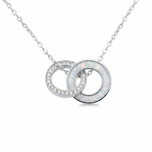 Silver 925 interlocking ring memorial pendant — white pearl opal flakes in resin channel ring