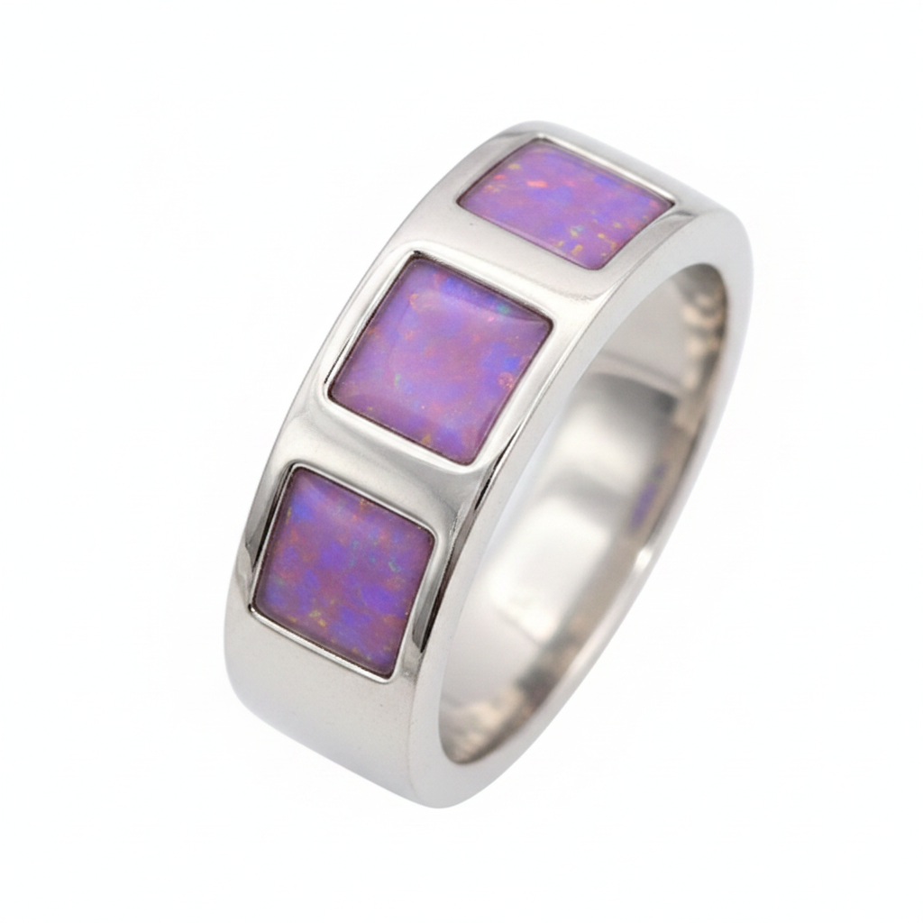 Gents Triple Square 925 Silver Band Ring with lavender purple opal resin in 3 square settings — pure white background