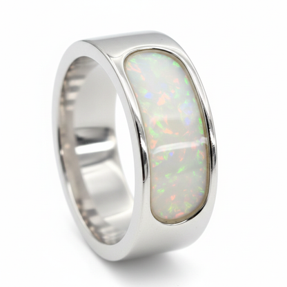 Rounded 8mm Channel Band 925 Silver Ring with white pearl opal resin, proportionate channel, pure white background