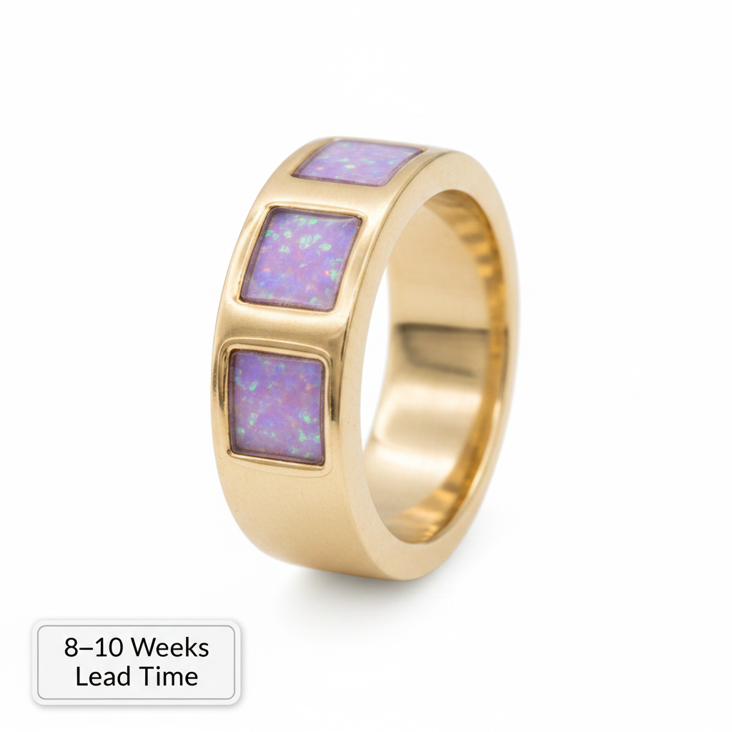 9ct Gold Gents Triple Square Band Ring — lavender opal resin, white background