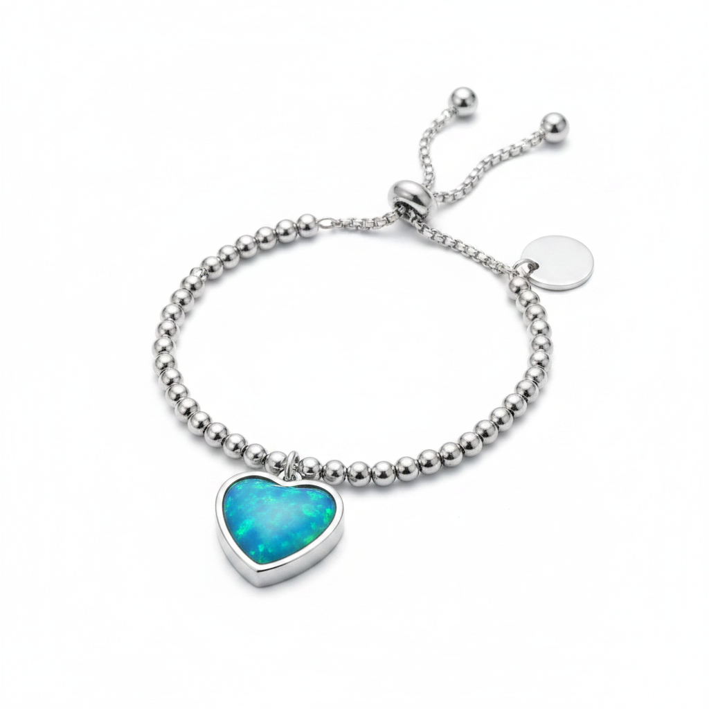 Beaded heart adjustable memorial bracelet with blue teal opal resin - ashes hair fur keepsake