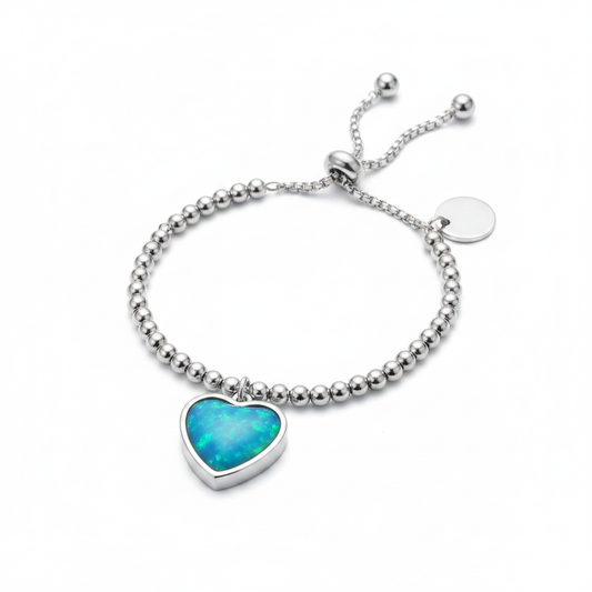 Beaded heart adjustable memorial bracelet with blue teal opal resin - ashes hair fur keepsake