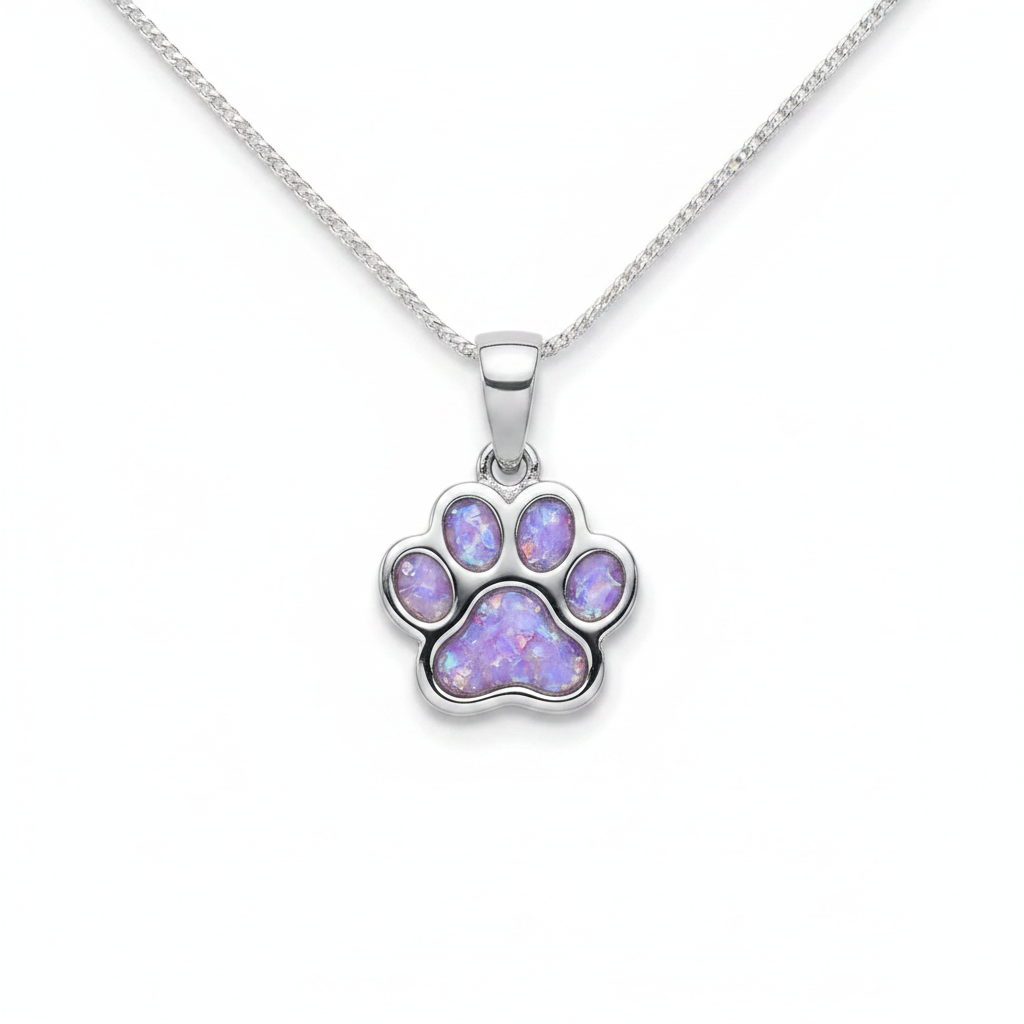 925 sterling silver petite paw memorial pendant necklace with lavender purple opal resin in all paw pad bezels on white background