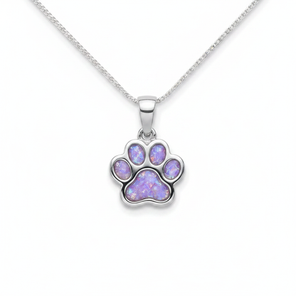 925 sterling silver petite paw memorial pendant necklace with lavender purple opal resin in all paw pad bezels on white background