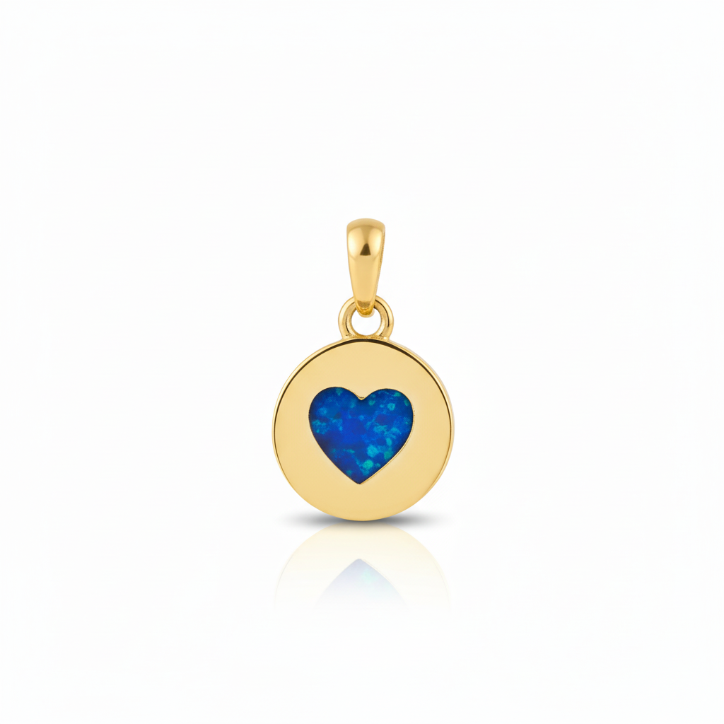 9ct gold heart disc memorial pendant with open heart cut-out filled with deep blue iridescent opal resin