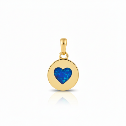 9ct gold heart disc memorial pendant with open heart cut-out filled with deep blue iridescent opal resin