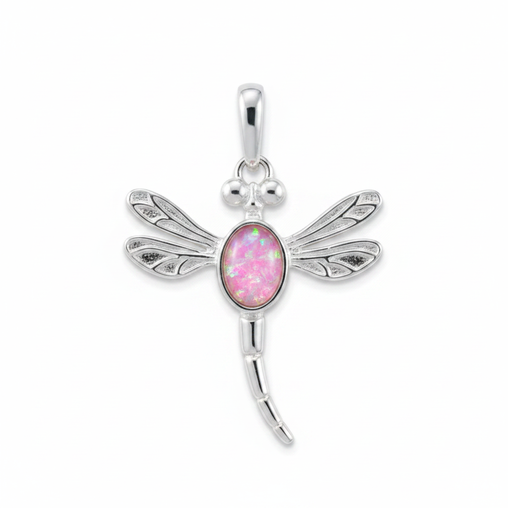 Silver 925 dragonfly memorial pendant with pink opal flakes, white background