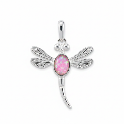 Silver 925 dragonfly memorial pendant with pink opal flakes, white background