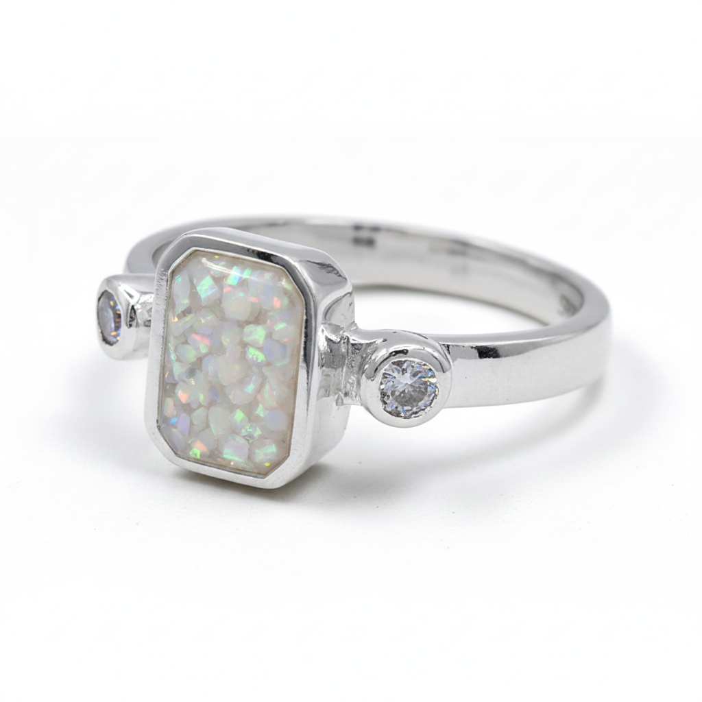 Double gem emerald 925 silver ring with white pearl opal resin in 9x7mm rectangular setting on white background