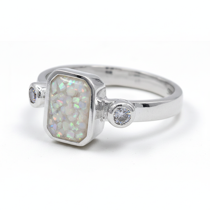 Double gem emerald 925 silver ring with white pearl opal resin in 9x7mm rectangular setting on white background