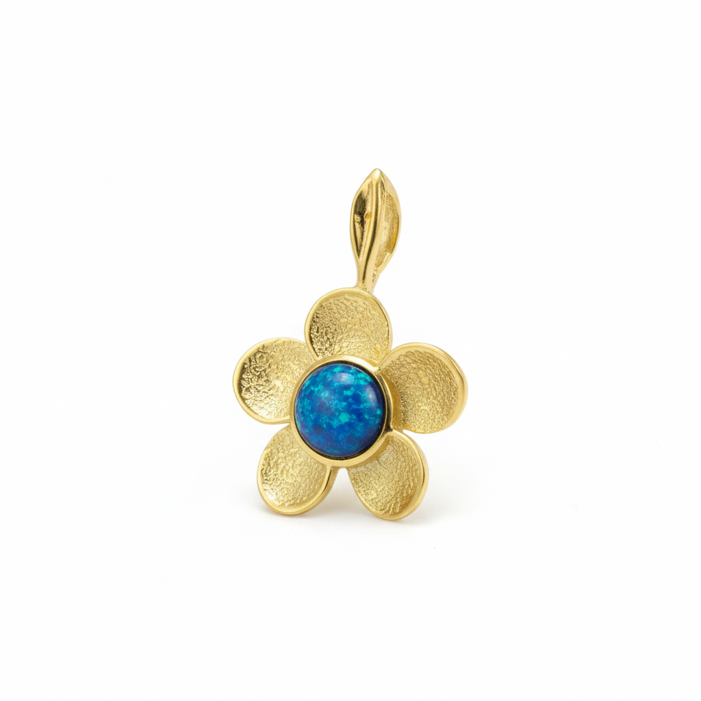 9ct gold chunky flower memorial pendant with deep blue iridescent opal flakes