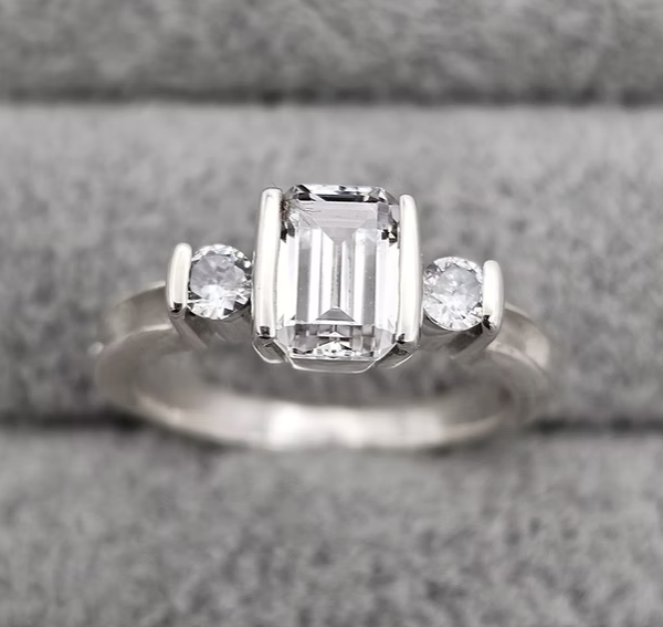 Emerald Cut Triple CZ Bezel 925 Silver Ring | Ashes & Hair Memorial Keepsake