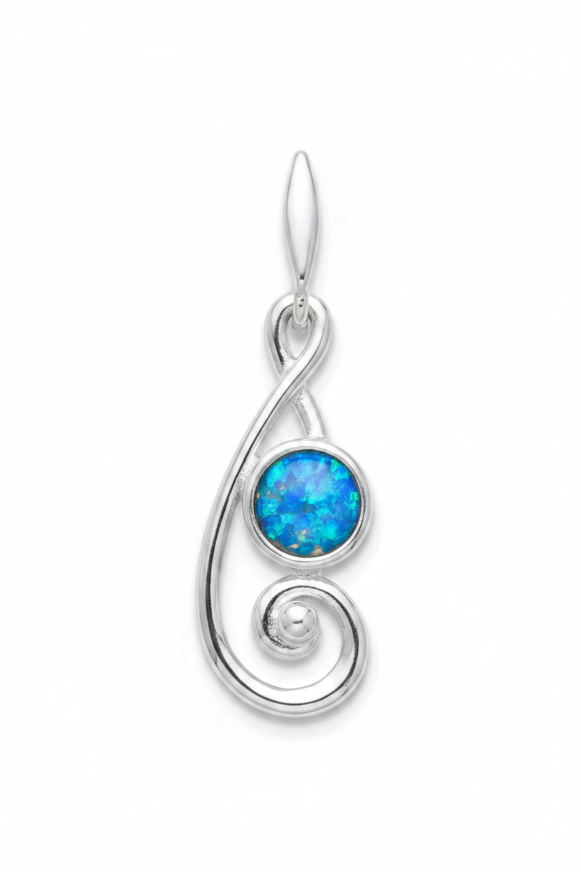 Silver 925 scroll memorial pendant with blue opal flakes, white background