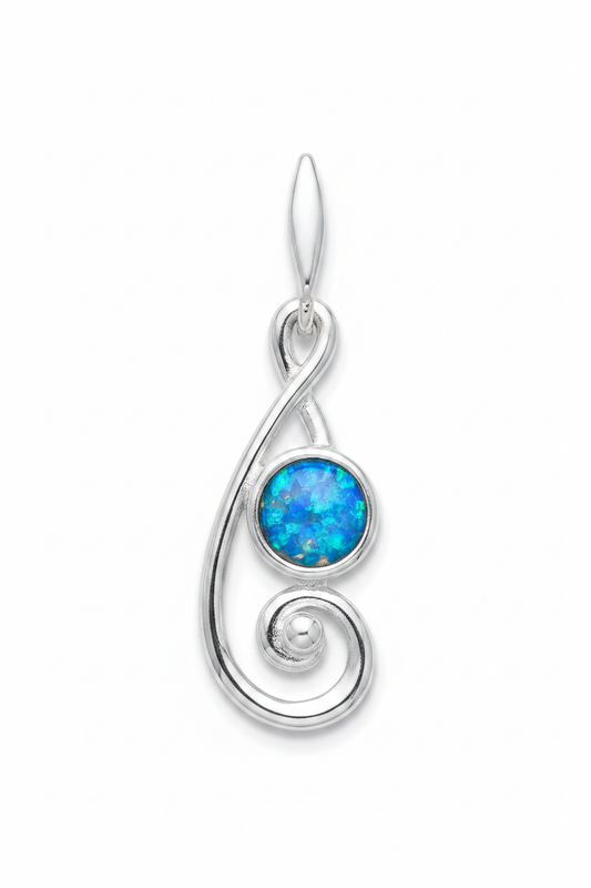 Silver 925 scroll memorial pendant with blue opal flakes, white background