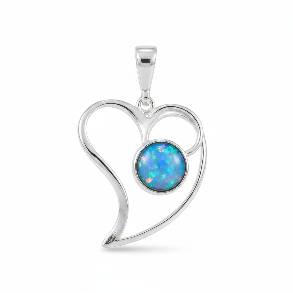 Silver 925 open swirl heart memorial pendant with blue opal flakes, white background