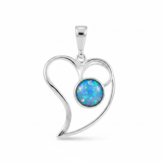 Silver 925 open swirl heart memorial pendant with blue opal flakes, white background