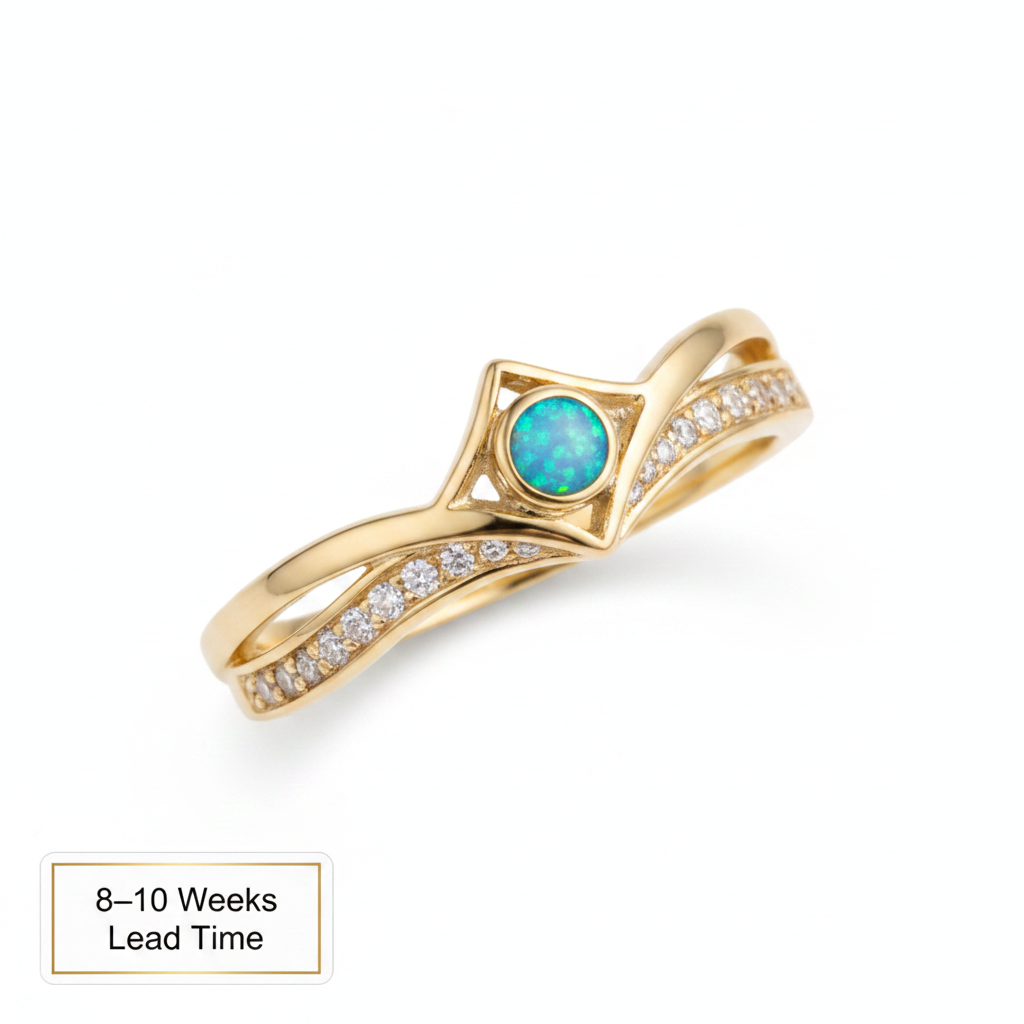9ct Gold Inverted Wishbone CZ Ring — blue teal opal resin, white background