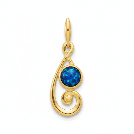 9ct gold swirling scroll memorial pendant with deep blue iridescent opal flakes – white background