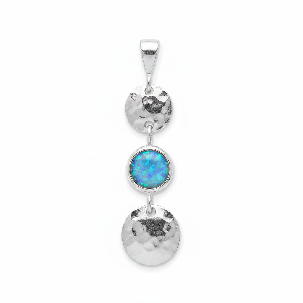 Silver 925 triple drop hammered memorial pendant with blue opal flakes, white background